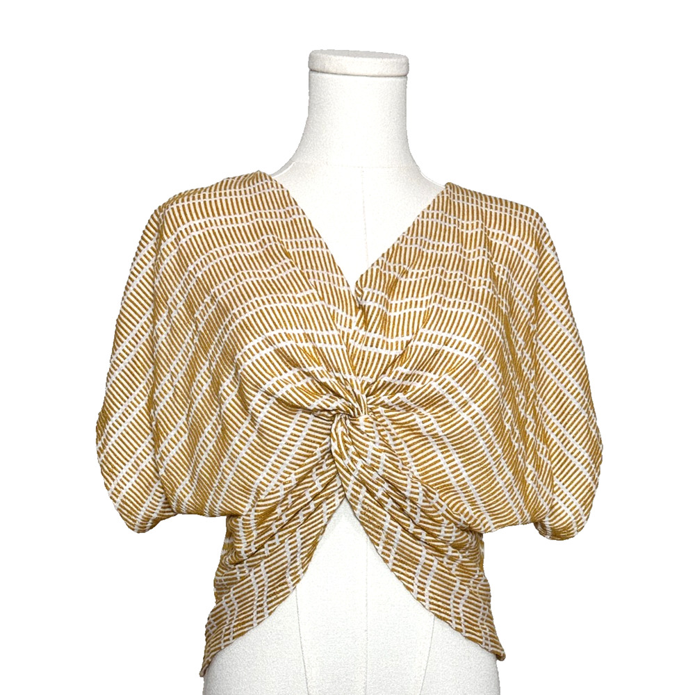 Sage The Label Golden Yellow Striped Twist Front V Neck Short Sleeve Top Medium